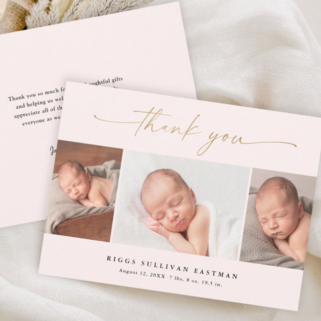 Elegant Script 3 Foto Collage Baby Tack Kort (Elegant blush pink and gold script 3 photo birth announcement baby thank you card.)
