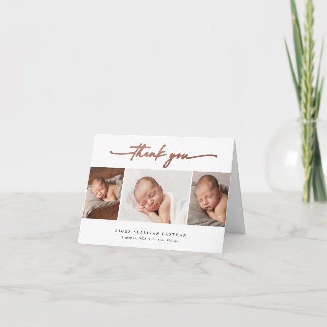 Elegant Script 3 Foto Collage Baby Tack Kort (Framsida)