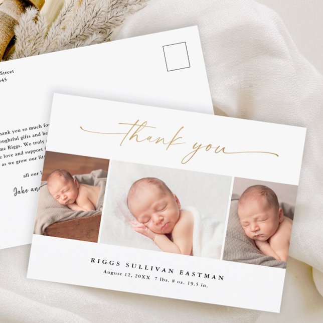 Elegant Script 3 Foto Collage Baby Tacksamhet Vykort (Modern elegant gold script 3 photo baby thank you card birth announcement.)