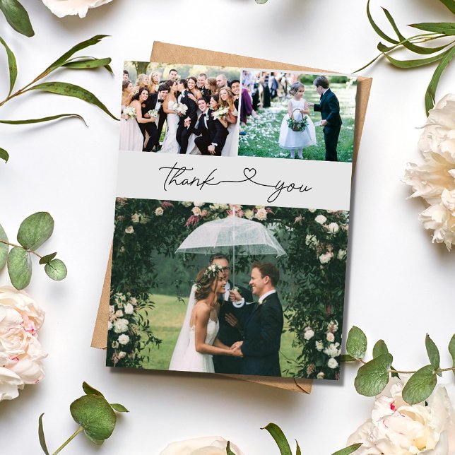 Elegant Script 3 Photo Bröllop Tack Vykort (Elegant Script 3 Photo Wedding Thank You Postcard)