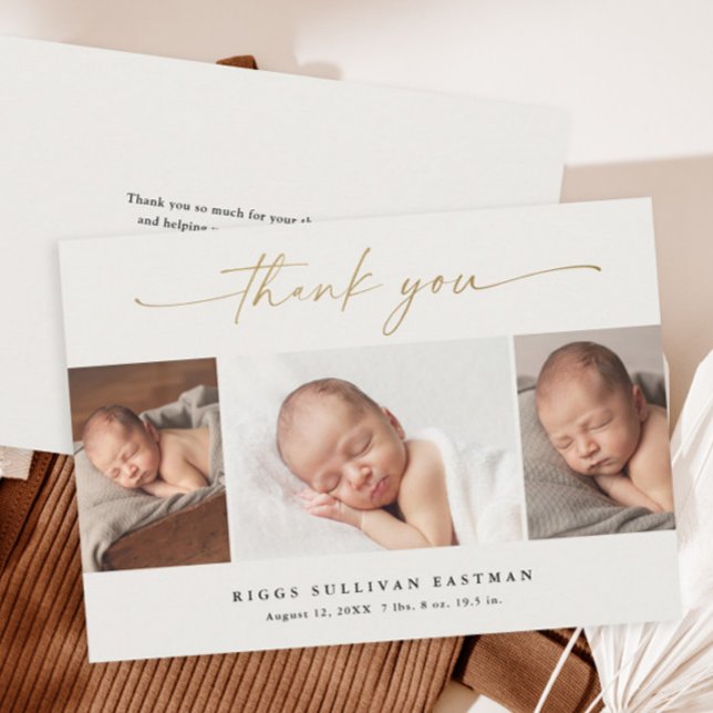 Elegant Script 3 Photo Collage Baby Tack Kort (Elegant gold script calligraphy 3 photo collage baby thank you card.)