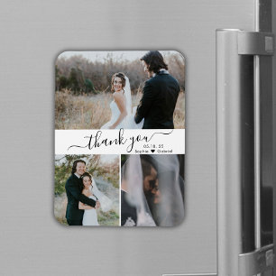 Elegant Script 3 Photo Collage Bröllop Tack Magnet