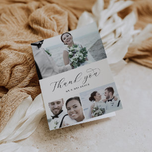 Elegant Script 3 Photo Collage Foled Bröllop Tack Kort