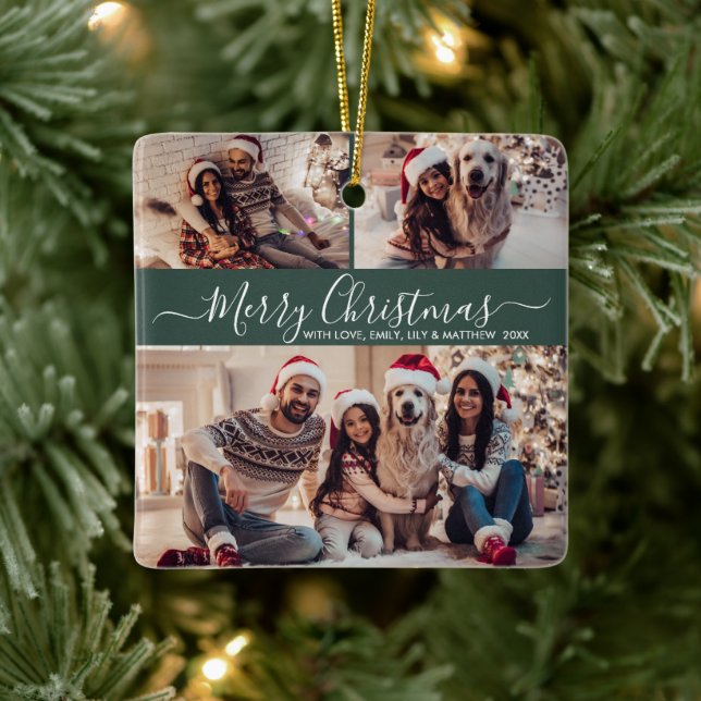 Elegant Script 3 Photo Collage Grönt jul Julgransprydnad Keramik (Träd)