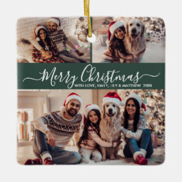 Elegant Script 3 Photo Collage Grönt jul Julgransprydnad Keramik