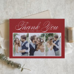 Elegant Script 3 Photo Collage Red Bröllop Tack Kort<br><div class="desc">Skicka ett tack till familj och vänner för att de deltar i ditt evenemang med det här anpassadet, tack vare ditt platta kort. Den har skript för elegant och enkel typografi. Personlig genom att lägga till egna detaljer och med dina favoritfoton från bröllop. Det här fototackkortet blir också perfekt för...</div>