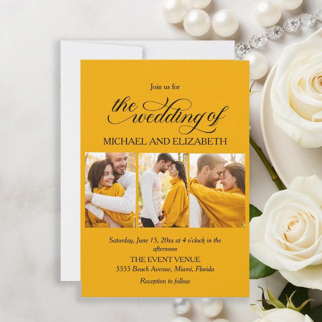 Elegant Script 3 Photo Gult Bröllop Inbjudningar (Elegant yellow wedding photo invitation)