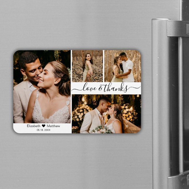 Elegant Script 4 Photo Collage Bröllop Tack Magnet (Skapare uppladdad)