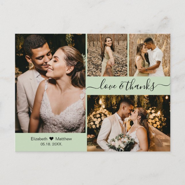 Elegant Script 4 Photo Collage Bröllop Tack Vykort (Framsida)