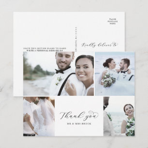 Elegant Script 4 Photo Collage Bröllop Tack Vykort