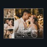 Elegant Script 4 Photo Collage Bröllop Tack Vykort<br><div class="desc">Elegant, Modern hand Lettered Bröllop Photo Collage Tack Postcard. Minimalistiskt tack för bröllop, du har en kortmall med tre foto på framsidan och ett foto på baksidan. Med texten "Kärlek och tack" i ett snabbt, stavat skrivstil, med dekortecken i svart färg på vit bakgrund. Ett litet hjärta mellan namn. Anpassa...</div>