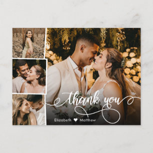 Elegant Script 4 Photo Collage Bröllop Tack Vykort