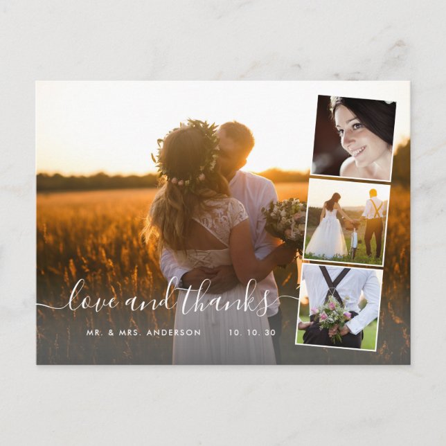 Elegant Script 4 Photo Collage Bröllop Tack Vykort (Framsida)