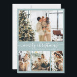 Elegant Script 4 Photo Collage jul-Helgdag C Julkort<br><div class="desc">Minimalistiskt, Elegant Calligraphy 4 Photo Collage God jul Script Helgdag Card i ljusdammig blått. Den här snygga, enkla fyra (4) fotokortmallen har en fin rutnätsfotokollage och säger "helgdag"! Texten "God jul" hälsning är skriven på ett vackert handskrivet teckensnitt som snabbt byts ut mot svan. På baksidan med din hälsning-meddelandemall med...</div>