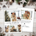 Elegant Script 4 Photo Collage jul Julkort<br><div class="desc">Minimalistiskt, Elegant Calligraphy 4 Photo Collage God jul Script Helgdag Card in Black and White. Den här snygga, enkla fyra (4) fotokortmallen har en fin rutnätsfotokollage och säger "helgdag"! Texten "God jul" hälsning är skriven på ett vackert handskrivet teckensnitt som snabbt byts ut mot svan. På baksidan med din hälsning-meddelandemall...</div>
