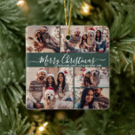 Elegant Script 5 Photo Collage Grönt jul Julgransprydnad Keramik<br><div class="desc">Elegant Modern Script 5 Photo Collage God jul Grönt Helgdag Ceramic Ornament. Med minimalistisk fem (5) fotokollage-mall, en söt rutnätssortering och "God jul" som säger! Texten "God jul" hälsning är skriven i ett vackert handskript med vit vit nyans och snabb smak-svan på bakgrunden till Grönt färg. På baksidan finns en...</div>