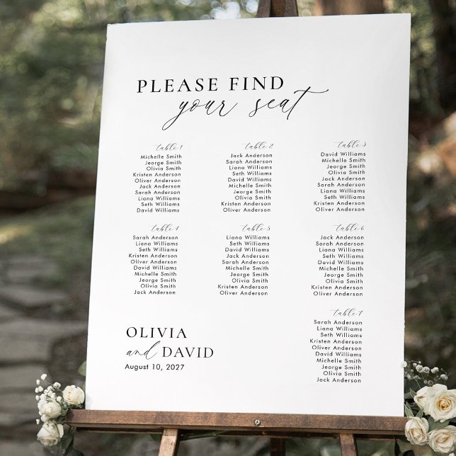 Elegant Script 7 bord: Skum för sätesdiagram Poster (Wedding seating chart for 7 tables)