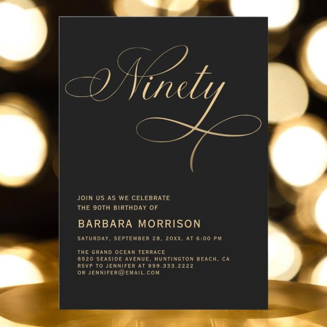 Elegant Script 90 Black Guld 90:e födelsedag Inbjudningar (Skapare uppladdad)