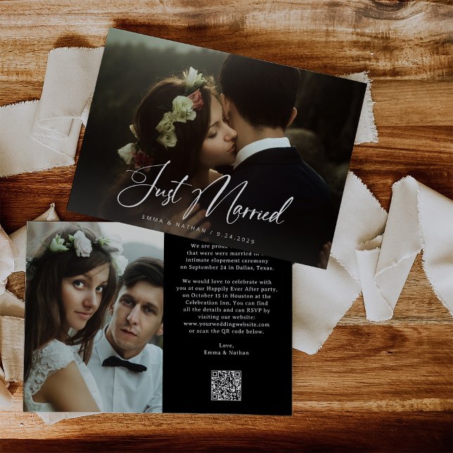 Elegant Script and Black | QR Code Just Married Inbjudningar (Skapare uppladdad)