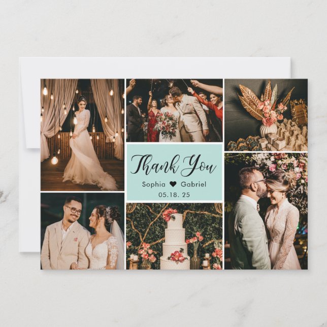 Elegant Script Aqua Bröllop Multi Photo Collage Tack Kort (Framsida)