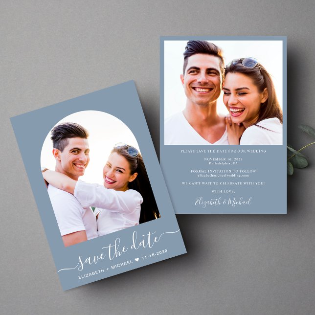 Elegant Script Arch Photo Dusty Blue Bröllop Spara Datumet (Skapare uppladdad)