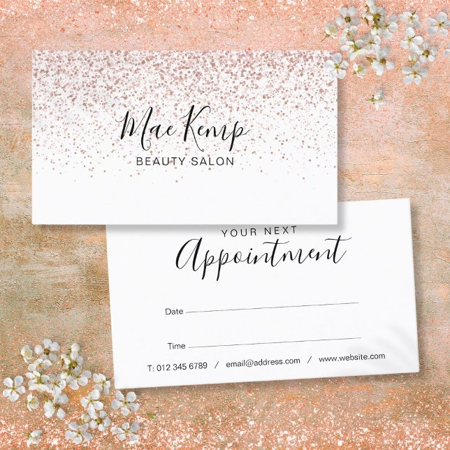 Elegant Script-avtalskort för avtalade tider mella Visitkort (Elegant Script Rose Gold Glitter Appointment Card)