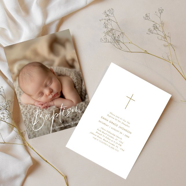 Elegant Script Baby Boy Girl Dopfoto Guld Inbjudningar (Skapare uppladdad)