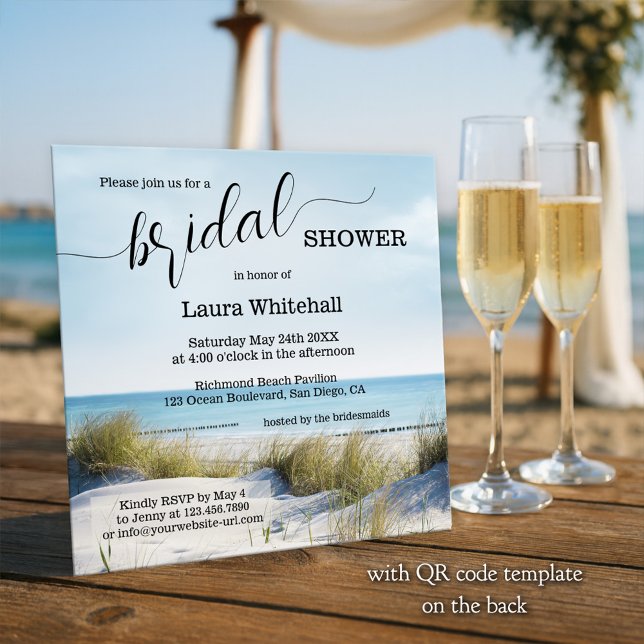 Elegant Script Beach Bridal Shower Inbjudningar (Beach bridal shower invitation showing a view from the dunes over the ocean - with QR code template)