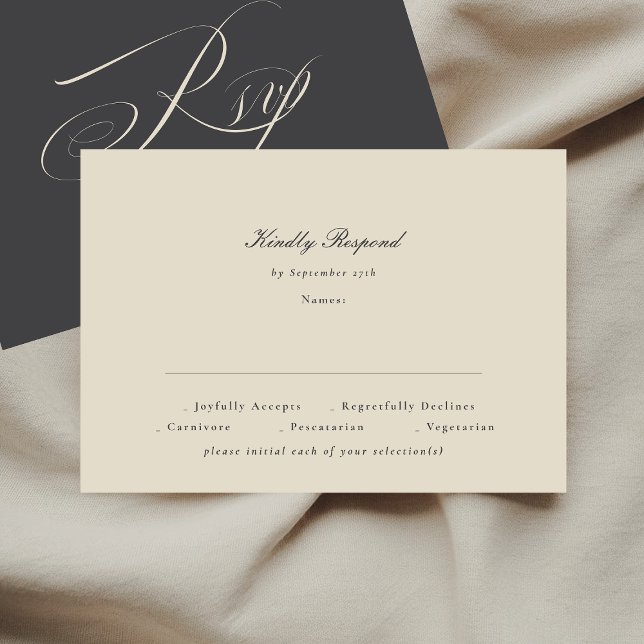 Elegant Script Beige Charcol Formal Bröllop OSA Kort (Skapare uppladdad)