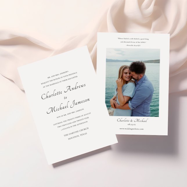 Elegant Script Bible Verse Photo Bröllop Inbjudningar (CHARLOTTE WEDDING INVITATION BLACK AND WHITE)