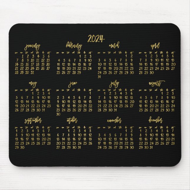 Elegant Script Black and Faux Guld Calendar 2024 Musmatta (Framsidan)