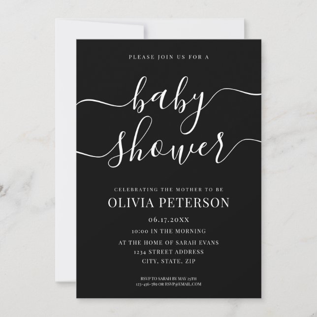 Elegant Script Black and White Baby Shower Inbjudningar (Framsida)