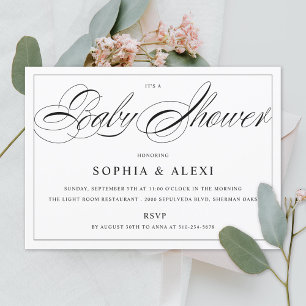 Elegant Script Black and White Baby Shower Inbjudningar