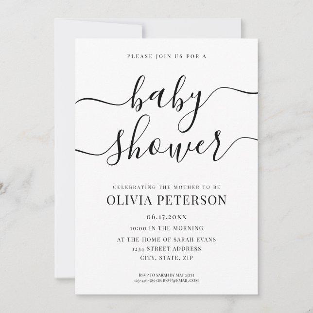 Elegant Script Black and White Baby Shower Inbjudningar (Framsida)