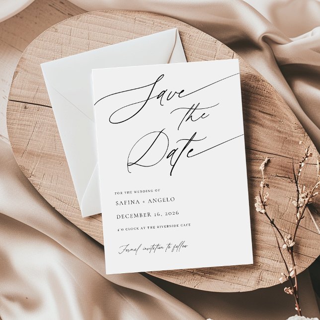 Elegant Script Black and White Classic Bröllop Spara Datumet (Skapare uppladdad)