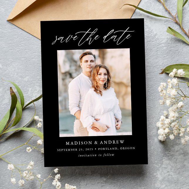 Elegant Script Black and White Photo Spara Datumet (Skapare uppladdad)