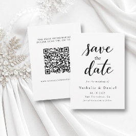 Elegant Script Black and White QR Code Bröllop Spara Datumet