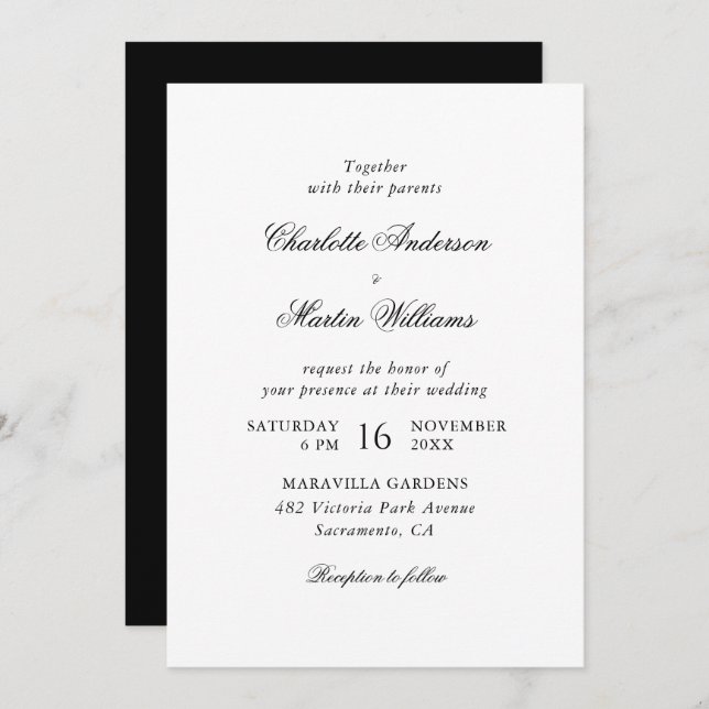 Elegant Script Black and White Wedding Inbjudningar (Fram/baksida)