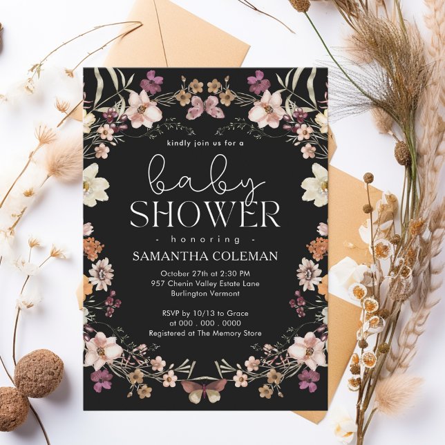 Elegant Script Black Boho Wildblomma Baby Shower Inbjudningar (Skapare uppladdad)