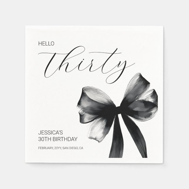 Elegant Script Black Bow 30th Birthday Party Pappersservett (Framsidan)