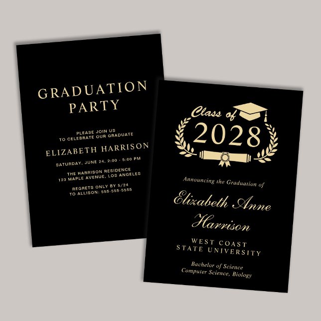 Elegant Script Black College Graduation Party Inbjudningar (An elegant college graduation party invitation to celebrate the graduate's achievements)