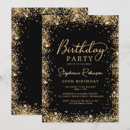 Elegant Script Black Gold Glitter 60th Birthday  Inbjudningar