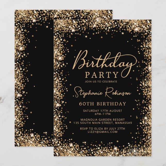 Elegant Script Black Gold Glitter 60th Birthday  Inbjudningar (Fram/baksida)