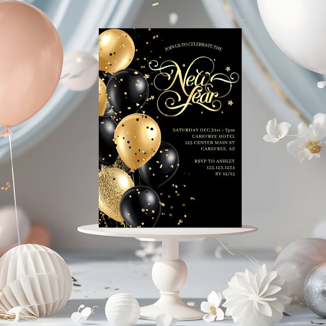 Elegant Script Black Guld Nyårsafton Inbjudningar (Skapare uppladdad)