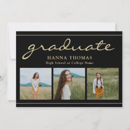 Elegant Script Black Guld Three Photo Studenten Inbjudningar