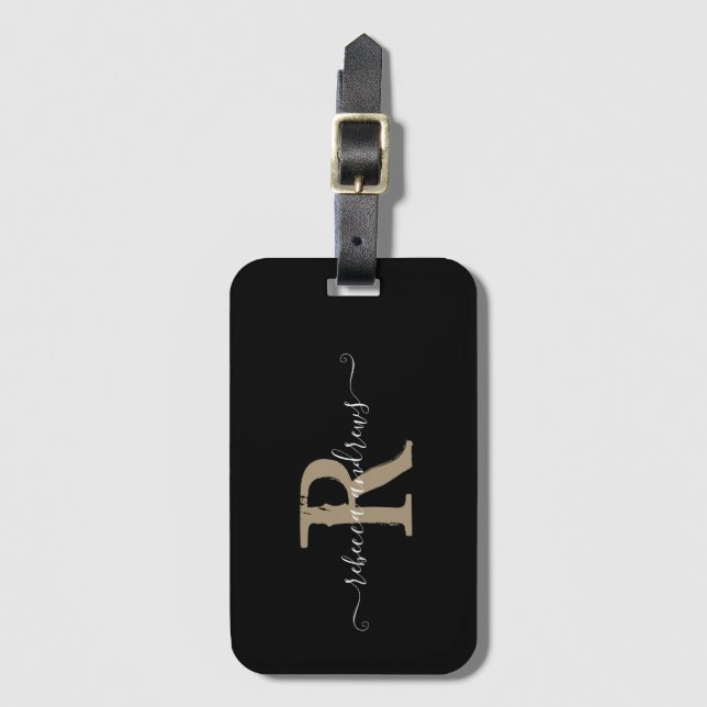 Elegant Script Black Monogram Namn Helgdag Travel Bagagebricka (Framsida vertikal)