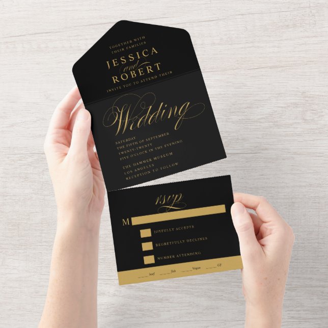 Elegant Script Black och Guld Calligraphy Bröllop (Tearaway)