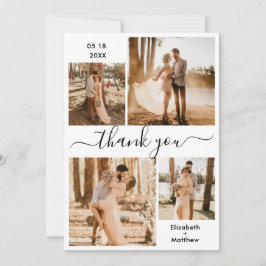 Elegant Script Black White 4 Photo Collage Bröllop Tack Kort