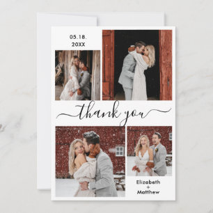 Elegant Script Black White 4 Photo Collage Bröllop Tack Kort