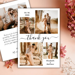 Elegant Script Black White 4 Photo Collage Bröllop Tack Kort